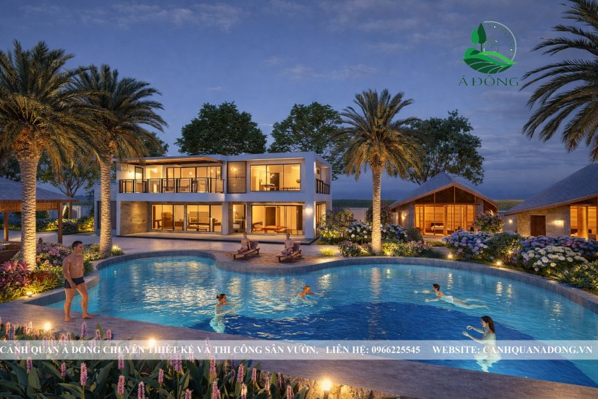 không gian sân vườn biệt thự đẳng cấp với ánh sáng và vật liệu cao cấp