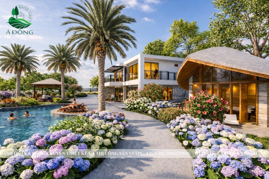 sân vườn biệt thự sang trọng với cây điểm nhấn và thảm cỏ xanh