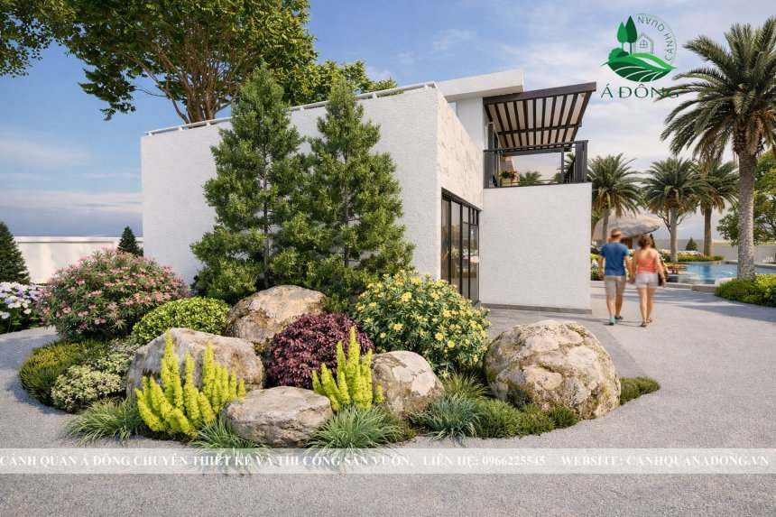 không gian sân vườn hiện đại với cây xanh và lối đi đẹp