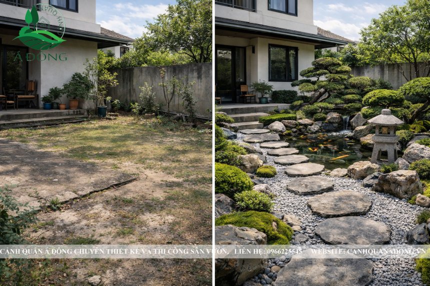 So sánh trước và sau khi cải tạo sân vườn cũ theo phong cách Nhật Bản