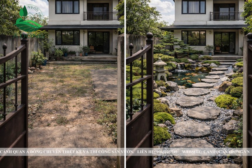 Lối đi đá trong khu vườn Nhật Bản được thi công tinh tế và hài hòa