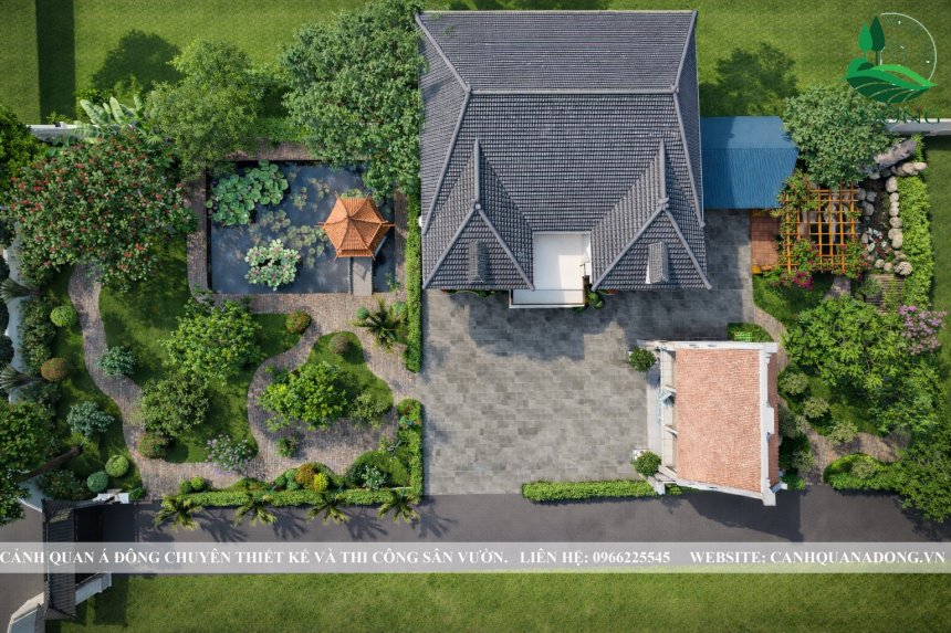 thiết kế vườn quê Việt Nam mộc mạc với cây xanh và lối đi sân vườn