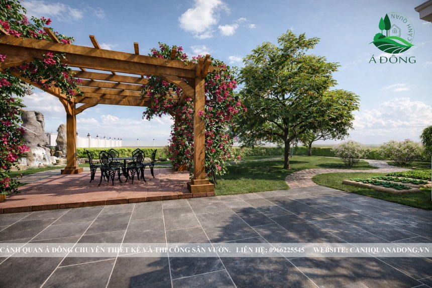 không gian vườn quê Việt Nam đẹp với cây xanh và lối đi tự nhiên